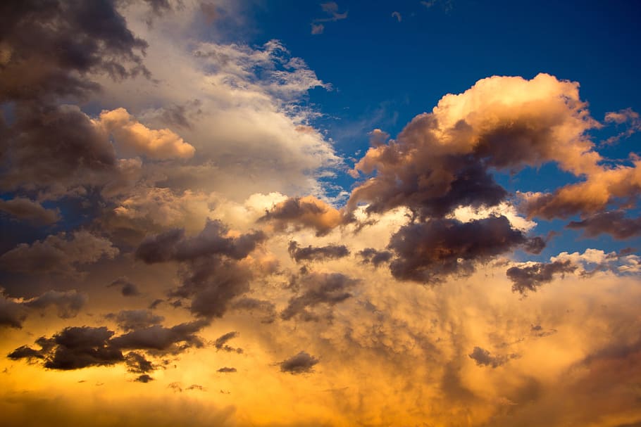 cloud photography, clouds, air, storm, orange, blue, blue sky HD wallpaper