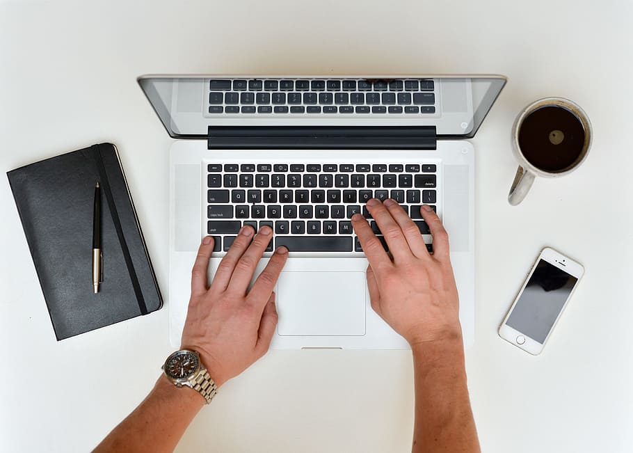 person using MacBook Pro, desk, work, laptop, notebook, office HD wallpaper