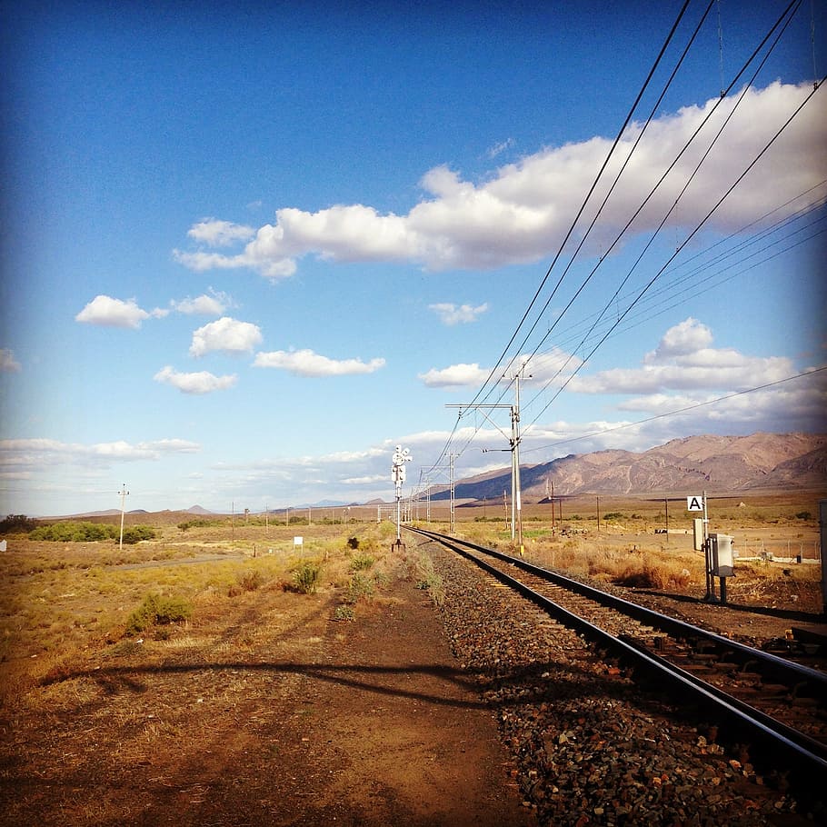 train, sky, clouds, desert, rail, railway, travel, track, remote HD wallpaper
