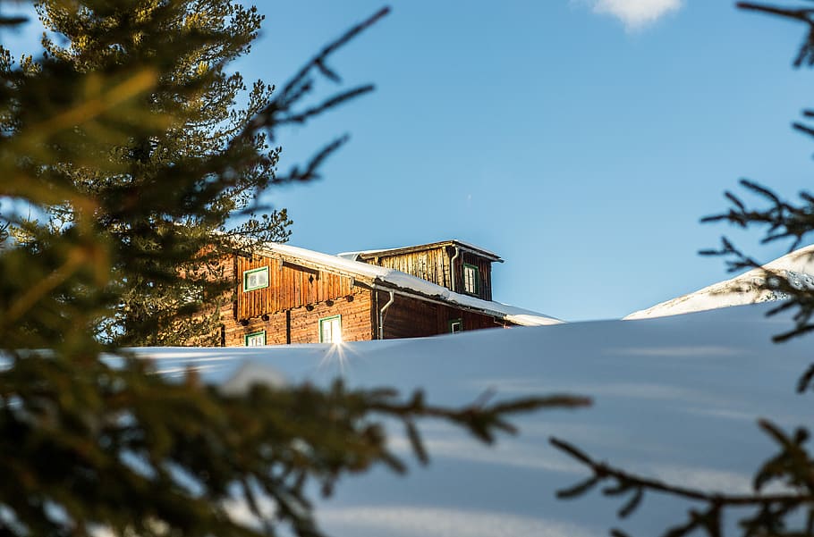 photograph of brown shed during winter, brown wooden house, cabin HD wallpaper