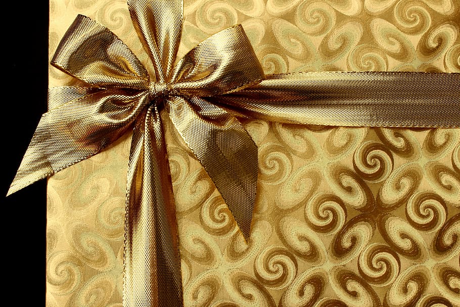 gold ribbon, gift, box, present, background, recreation, nose HD wallpaper
