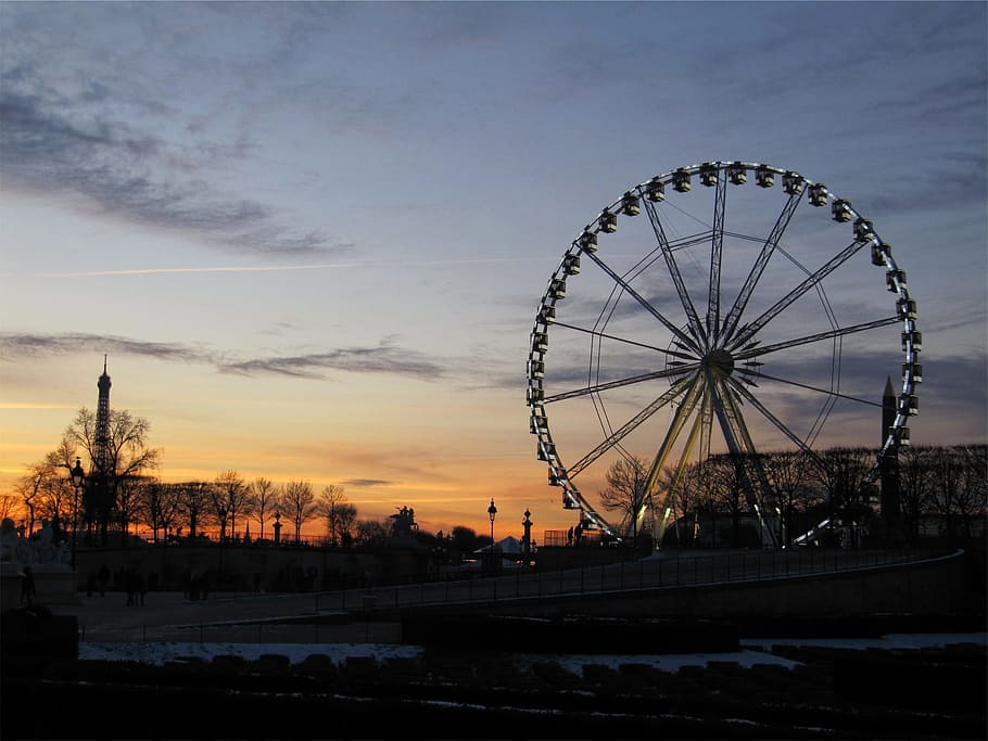 ferris wheel, sunset, sky, amusement park ride, arts culture and entertainment HD wallpaper