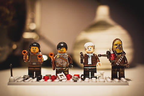 Four Star Wars Lego Mini Figures, blurred background, characters HD wallpaper