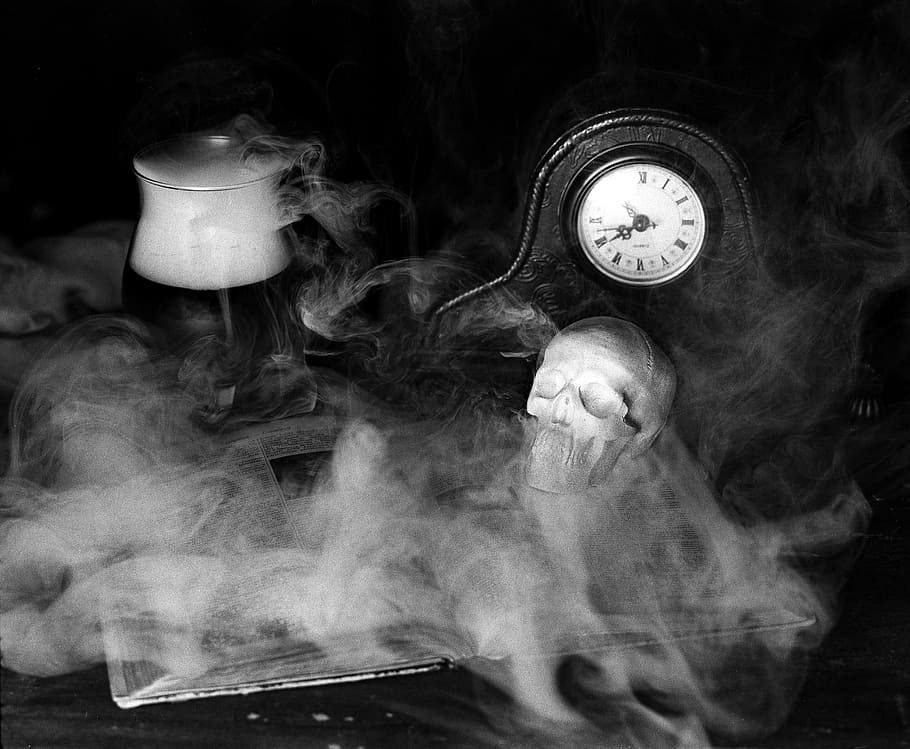 grayscale photography of mantle clock and human skull, mantel clock HD wallpaper