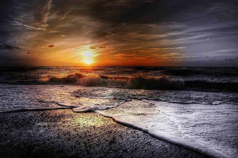 ocean waves and clouds horizon, Denmark, Sun, Nature, Landscape, HD wallpaper