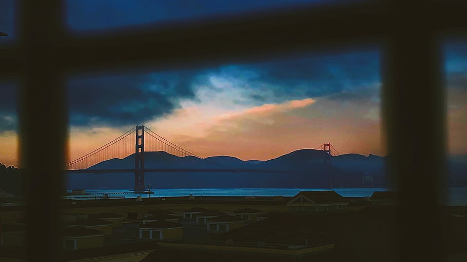 landscape view photo of cable bridge under dark sky, person taking photo of Golden Bridge HD wallpaper