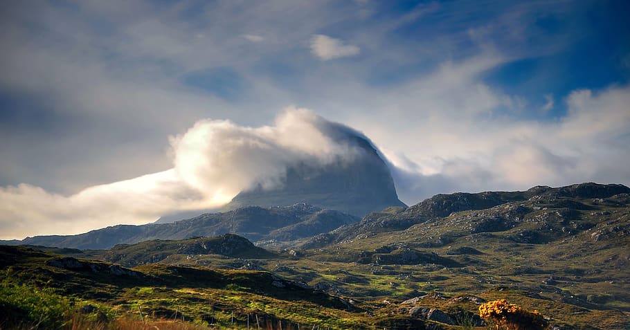 suilven, mountain, clouds, scotland, rock, peak, landscape