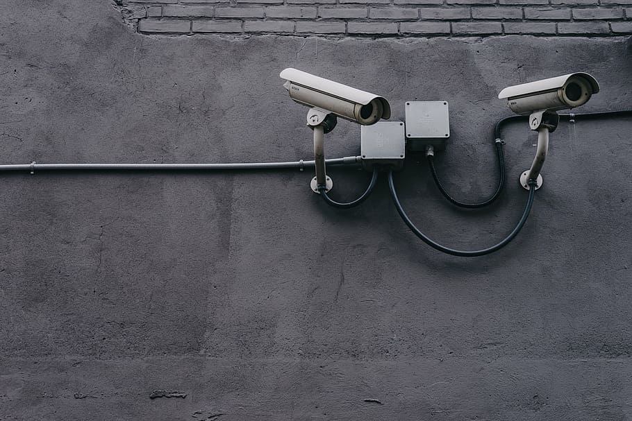 two white CCTV cameras on gray wall, concrete, pipe, security, HD wallpaper