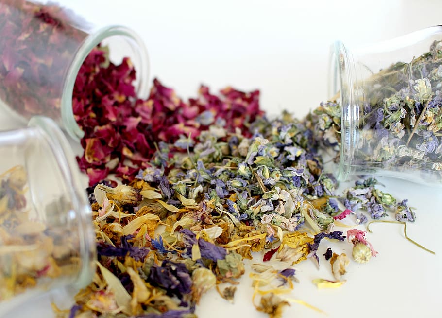 three tipped over clear vases with dried flowers on white surface, HD wallpaper