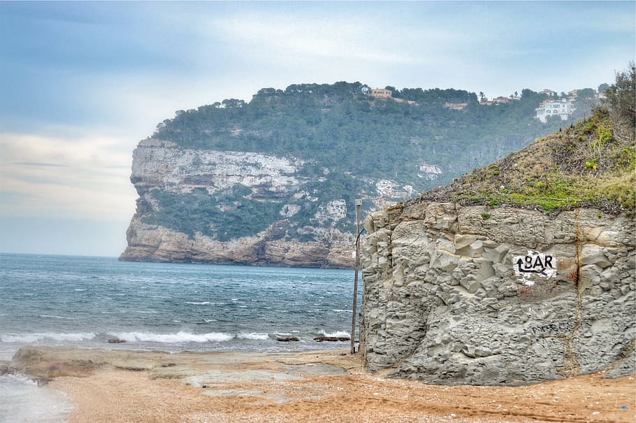 beach, sand, shore, waves, water, ocean, sea, cliffs, rocks HD wallpaper