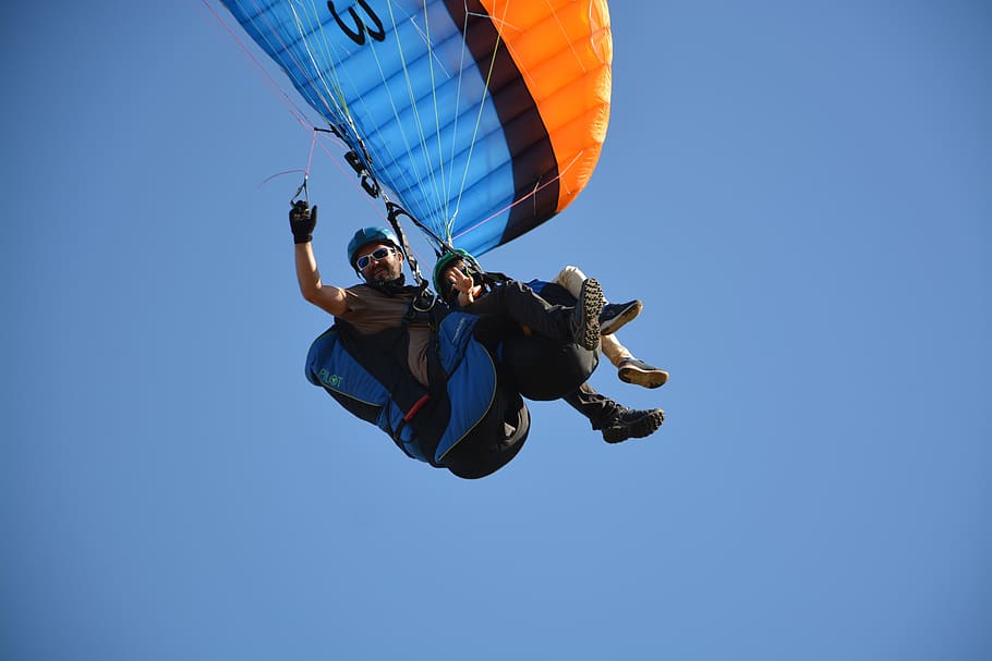 paragliding, paraglider, paragliding duo, tandem paragliding, HD wallpaper