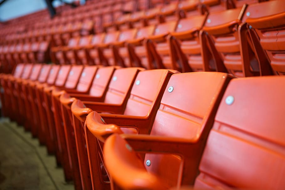 stadium, seats, orange, event, empty, auditorium, seating, chairs, HD wallpaper