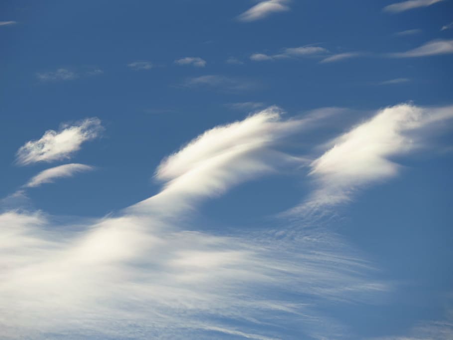 white cumulus clouds under clear blue sky at daytime, contrail HD wallpaper