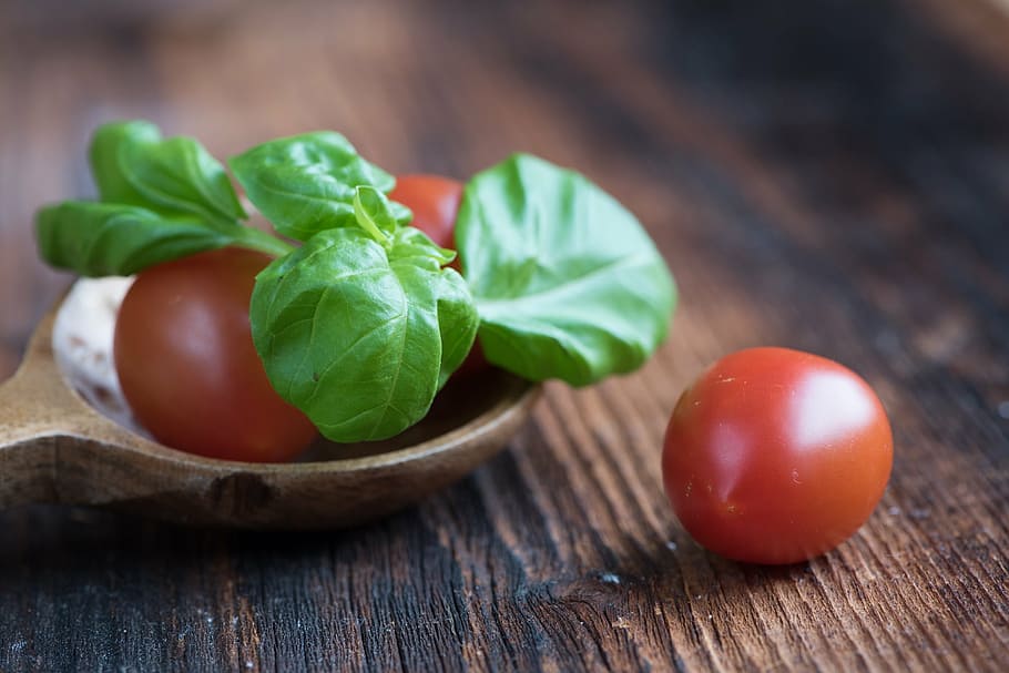 red tomatoes on ladle, small tomatoes, basil, green, spice HD wallpaper
