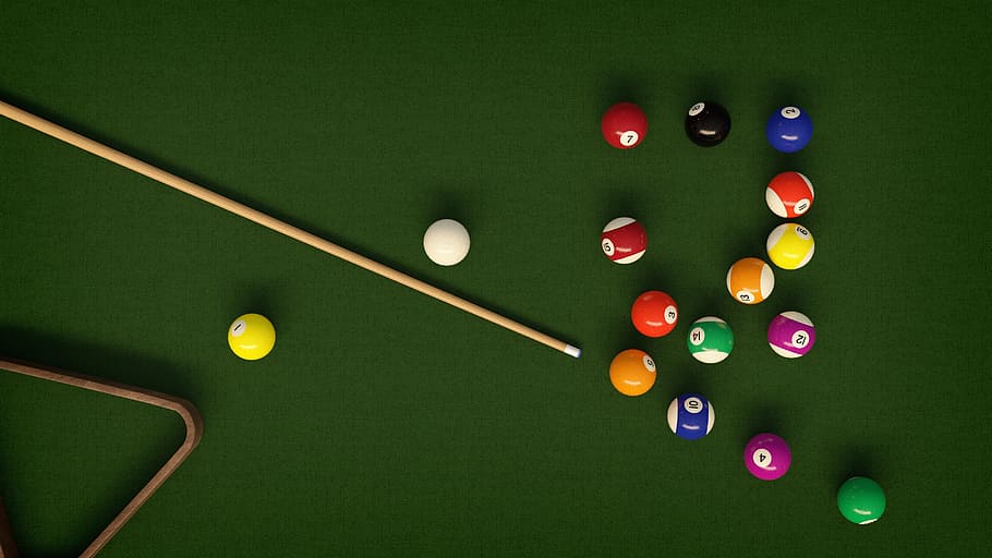 photograph of billiard balls, pile, and cue stick, billiards