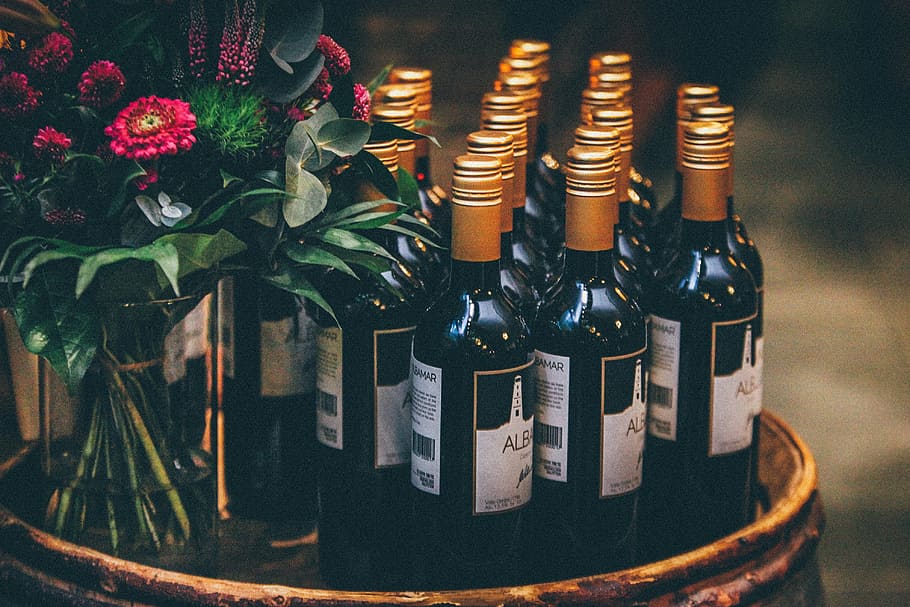 unopened bottles on brown wooden side table, black, glass, bar, HD wallpaper