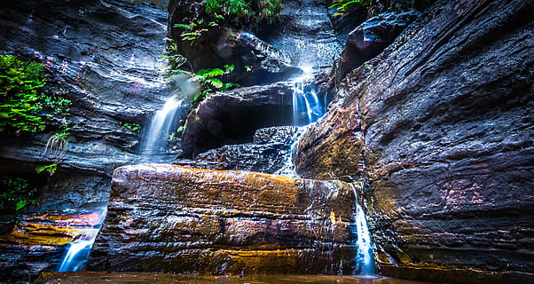 boulder, cascade, creek, environment, fall, flow, forest, landscape HD wallpaper