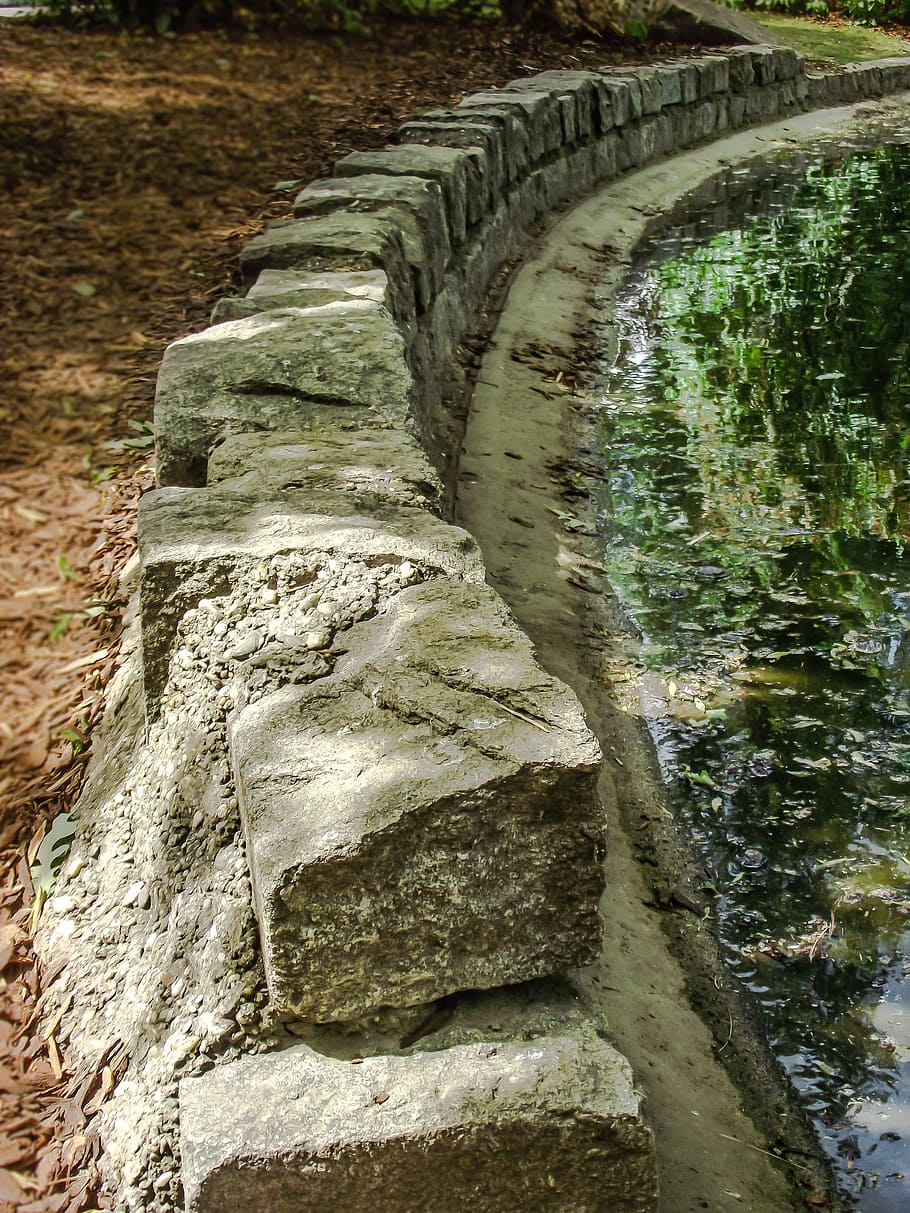 Stone Wall, Wall, Rock, Stone, Lake, pond, nature, green, stone material HD wallpaper