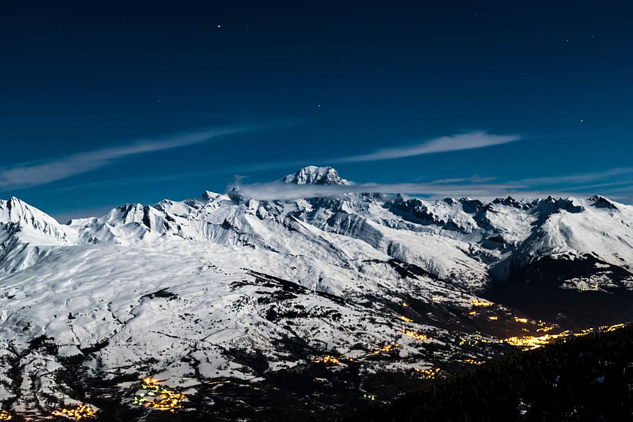 areal photography of mountain coated by ice, white mountain under blue sky HD wallpaper