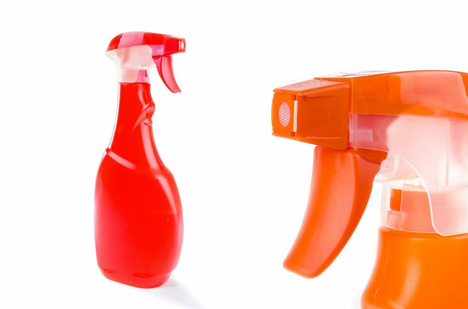 two red and orange plastic sprayers, household, surface, shine, HD wallpaper