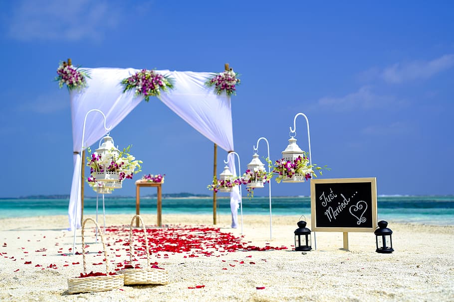 sea, sky, beach, sand, basket, blue, coast, decorations, flowers, HD wallpaper