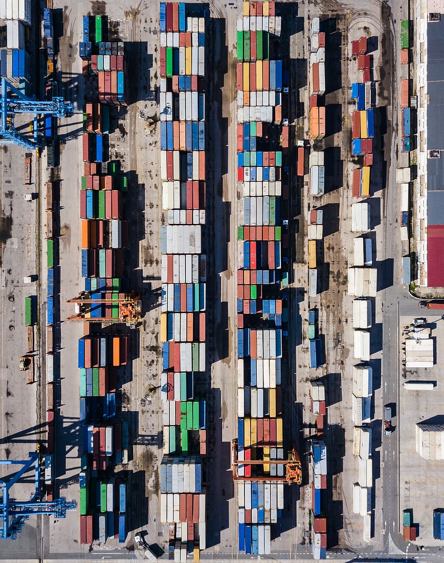 Colorfull containers, aerial photography of assorted-color container van lot during daytime HD wallpaper