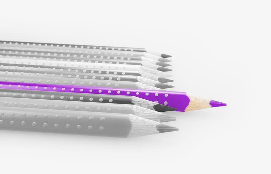gray and purple pen lot, pencils, colored pencils, colour pencils
