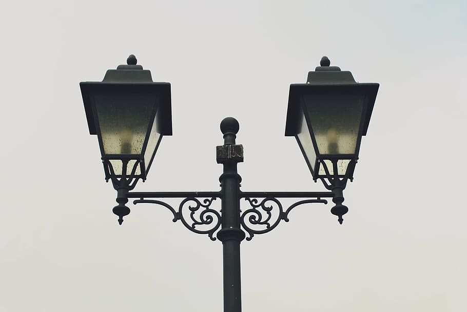 black post lamps, lantern, street lamp, lighting, metal, perspective, HD wallpaper