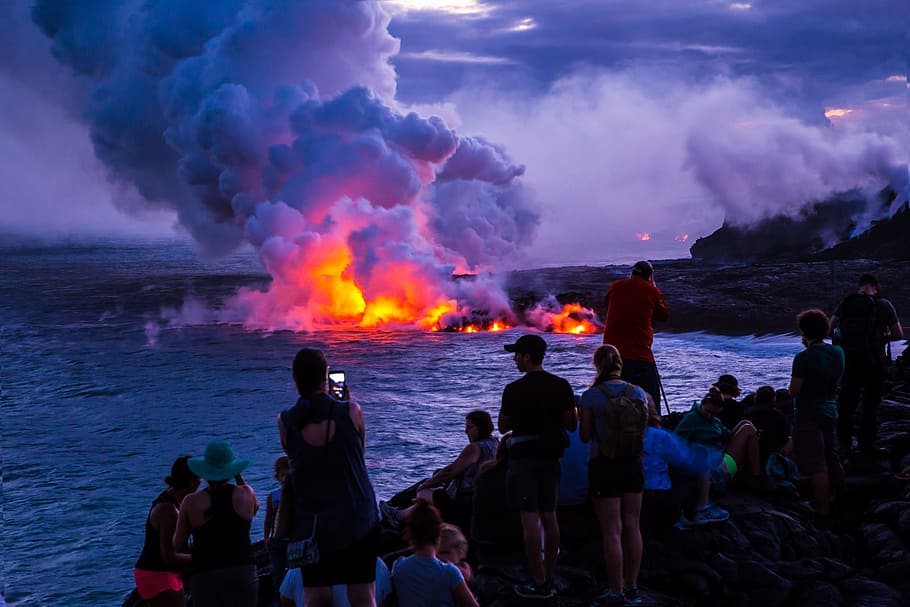 photo of people near the body of water and fire, volcano, sunset, HD wallpaper
