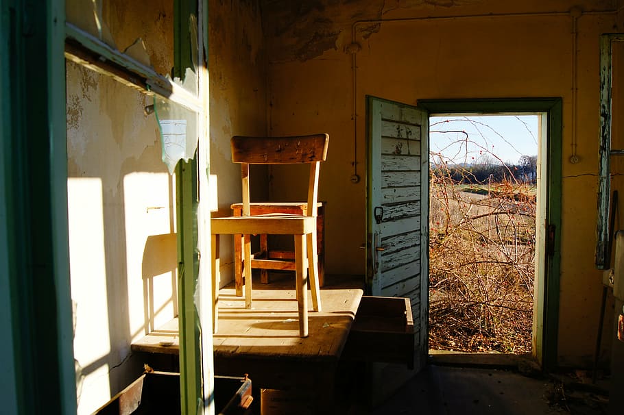 home, old, door, window, chair, leave, building, decay, dilapidated HD wallpaper