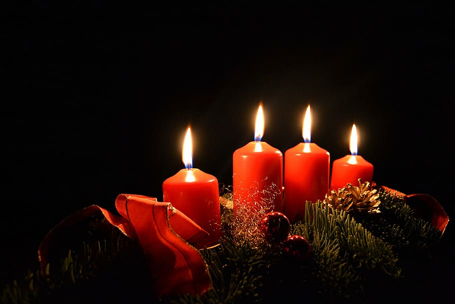 four red pillar candles, christmas, advent, advent wreath, christmas time, HD wallpaper