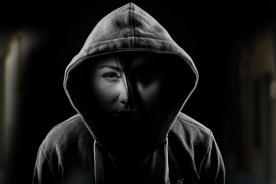 person in grey hoodie, fear, anxious, despair, psyche, woman