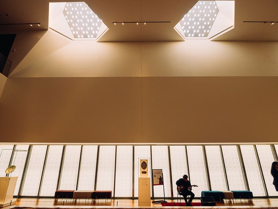 architecture, building, ceiling, chairs, guitar, guitarist HD wallpaper