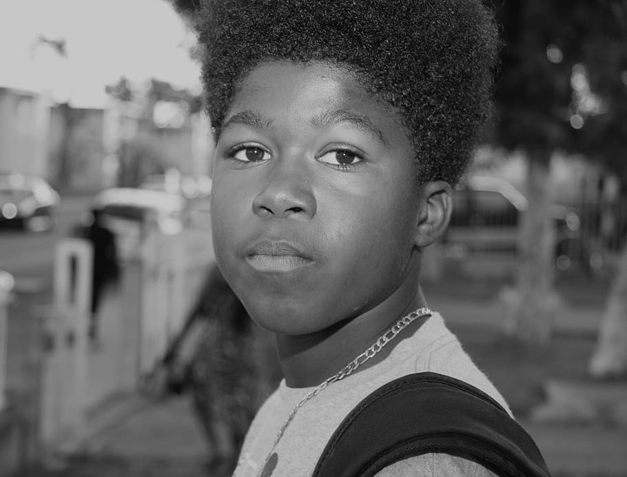 grayscale photograph of boy, los angeles, kids, afro american