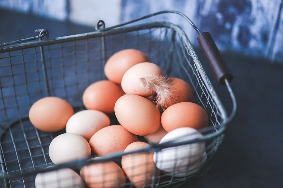 brown egg lot on tray, eggs, easter, metal, basket, closeup HD wallpaper