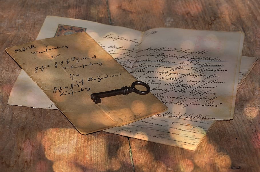 brown key on message paper, letters, handwriting, old, wooden table, HD wallpaper