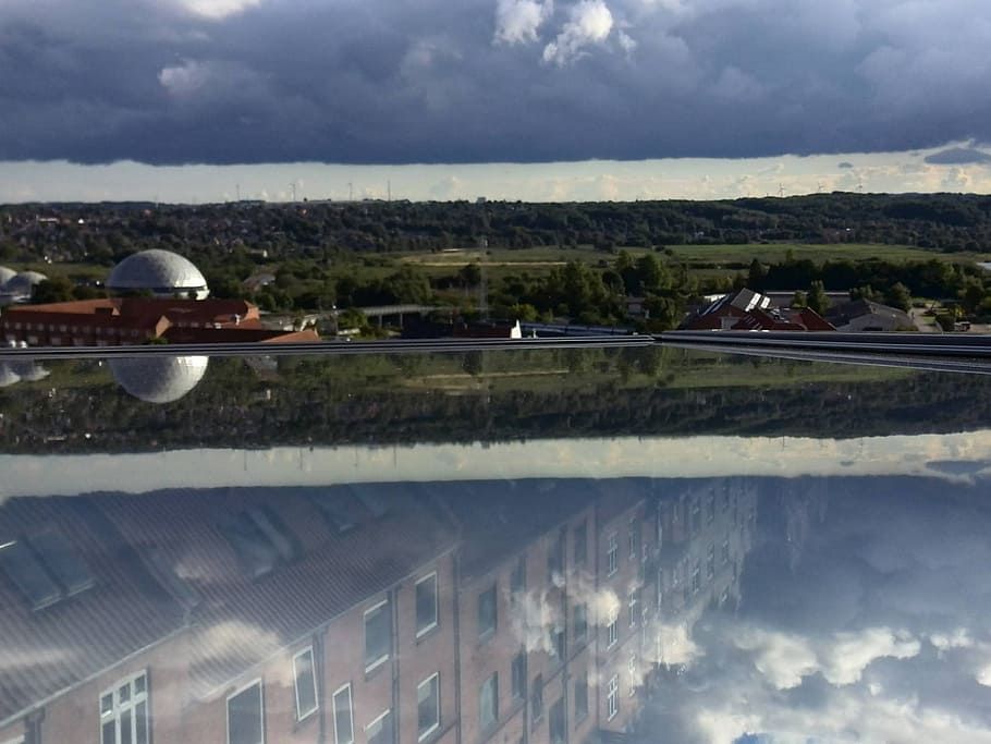 clouds, window, city, dome, reflection, landscape, fields, forest HD wallpaper