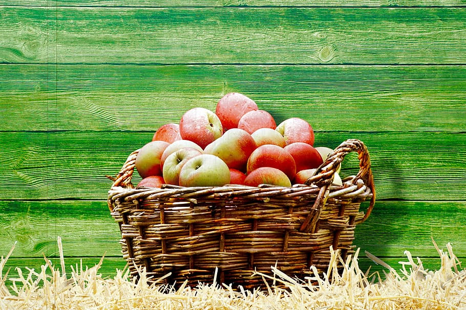 HD wallpaper: basket full of apples near wall, image, straw, container