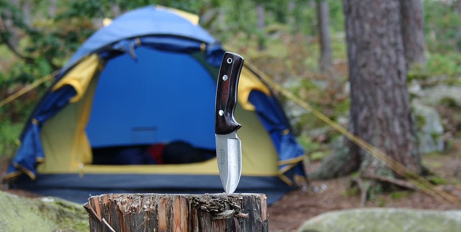 knife stabbed on wood stump near tent during day, Sweden, Camp, HD wallpaper