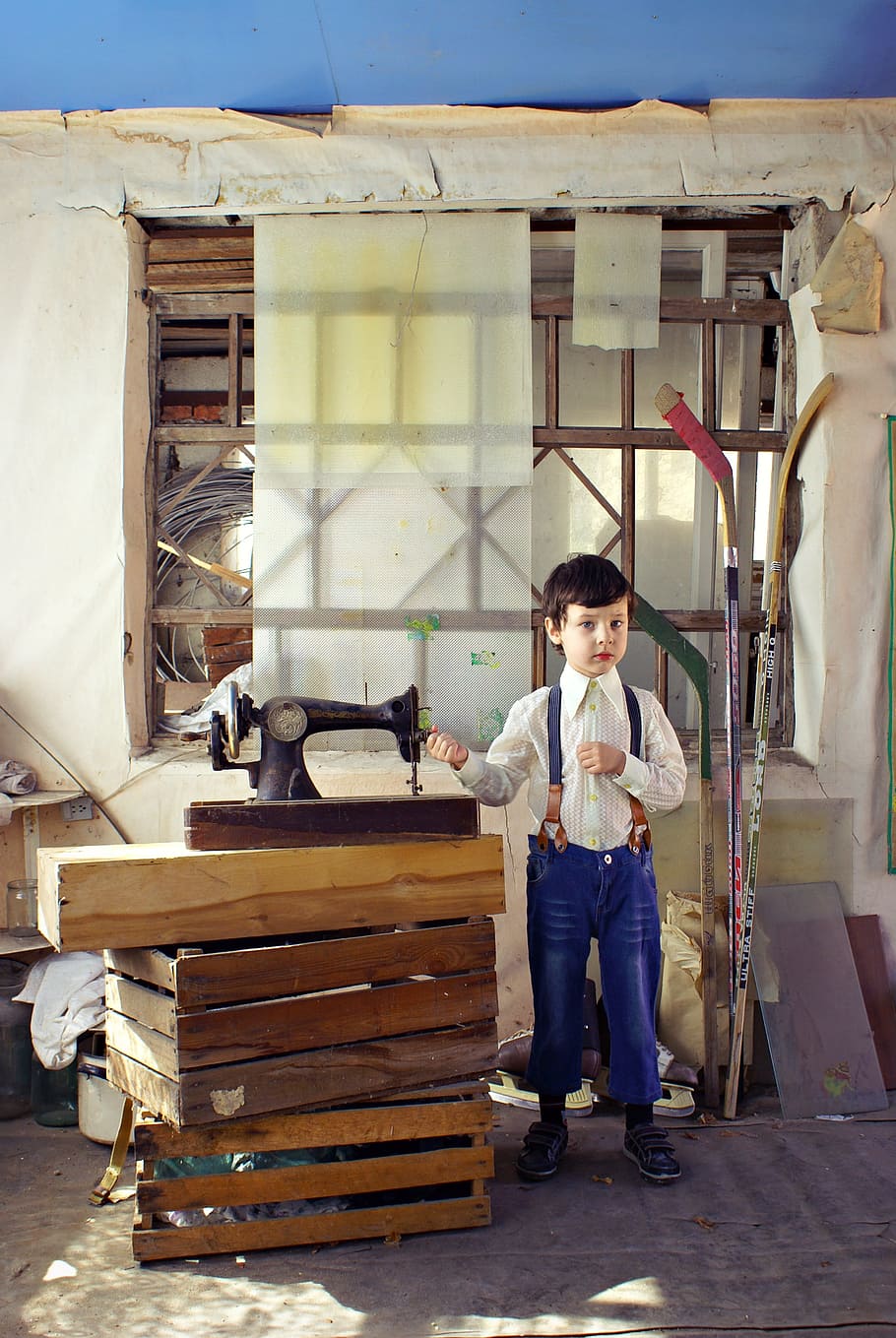 rustic, boy, sewing machine, barn, rural landscape, european boy HD wallpaper