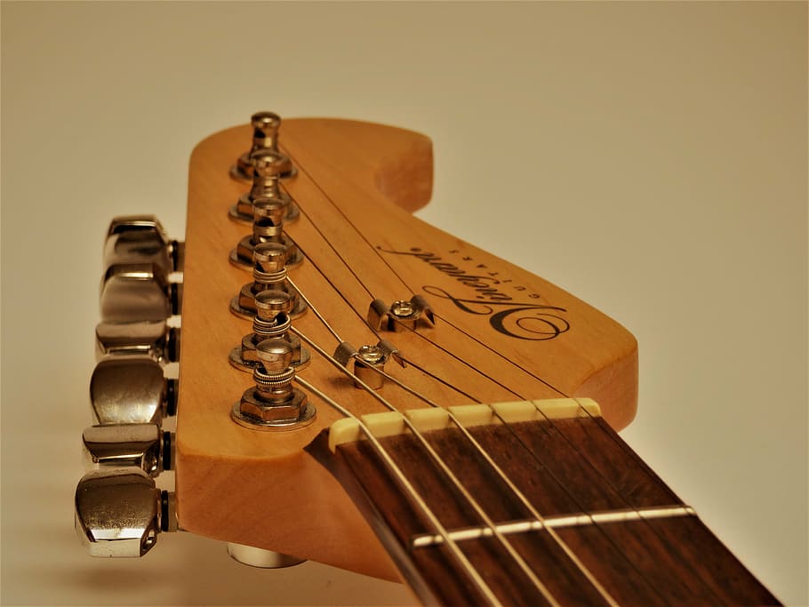 close-up photo of brown guitar headstock, strings, stringed instrument HD wallpaper