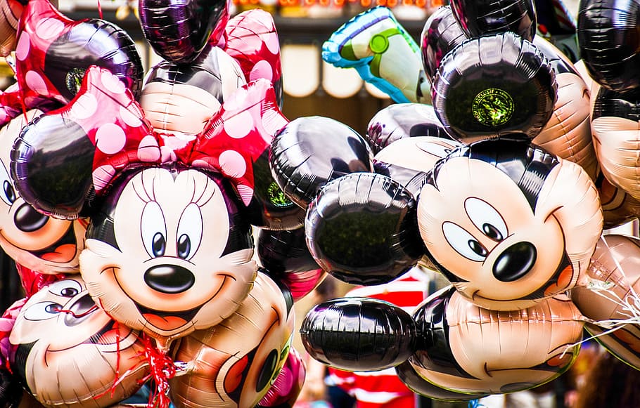 Minnie Mouse and Mickey Mouse balloons, disney, happy, colourful, HD wallpaper
