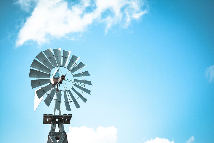 windmill, solar, power, energy, blue, sky, clouds, nature, environmental conservation HD wallpaper