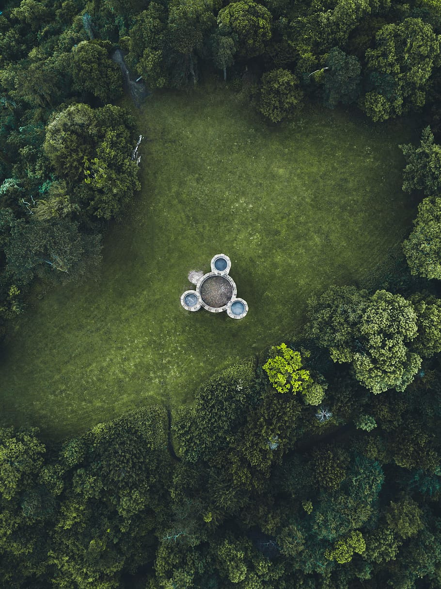 Arial view of garden with foutain, forest, aerial view, from above