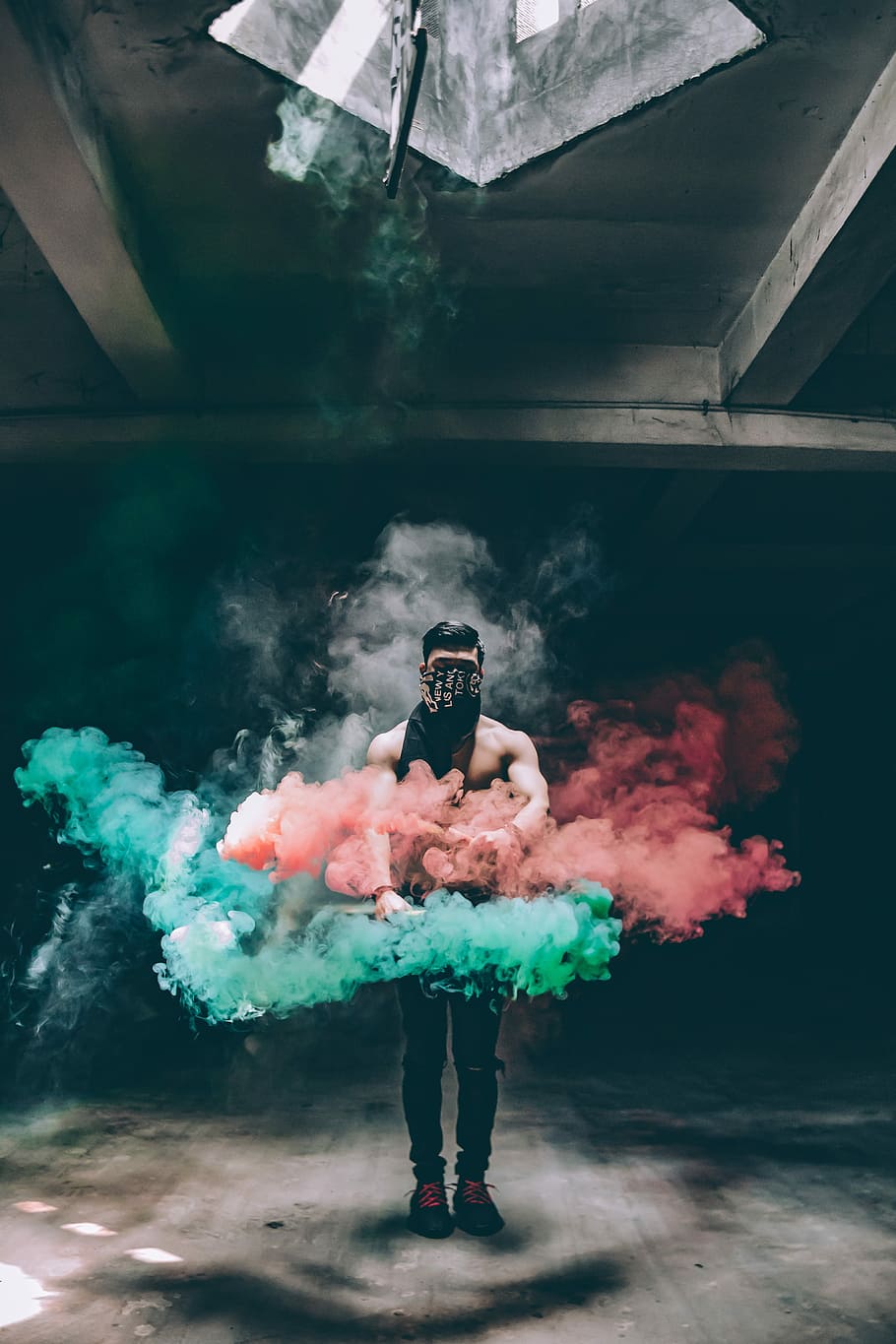 Clouds for my troubles, man covering his eye holding red and green smoke inside the building, HD wallpaper