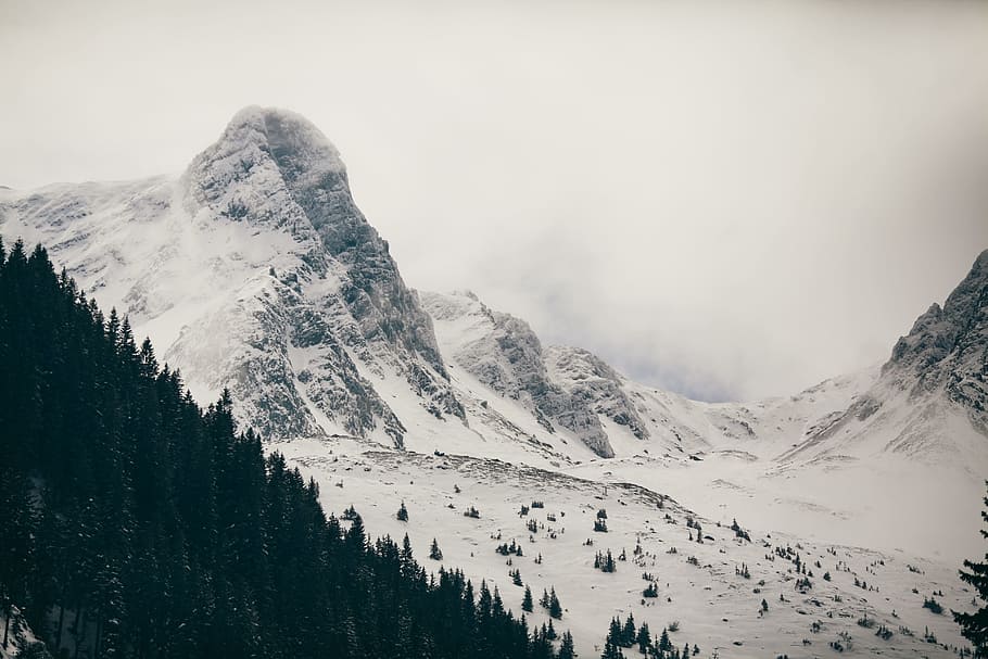 white snow on mountains, snow-covered mountains, Cloudy, Peak HD wallpaper