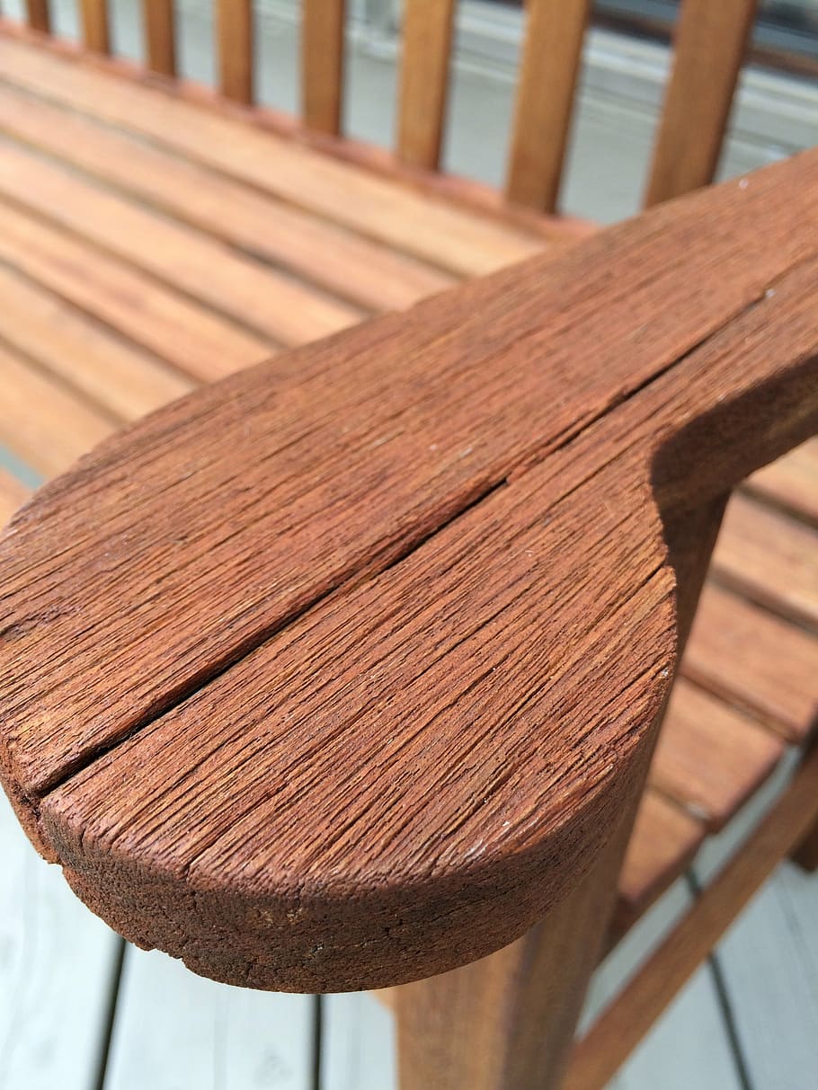 old, wood, furniture, bench, arm, cracked, split, dry, patio
