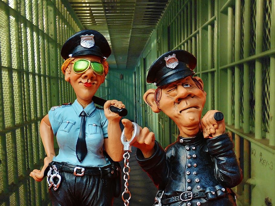 prison, police officer, colleagues, funny, figures, handcuffs