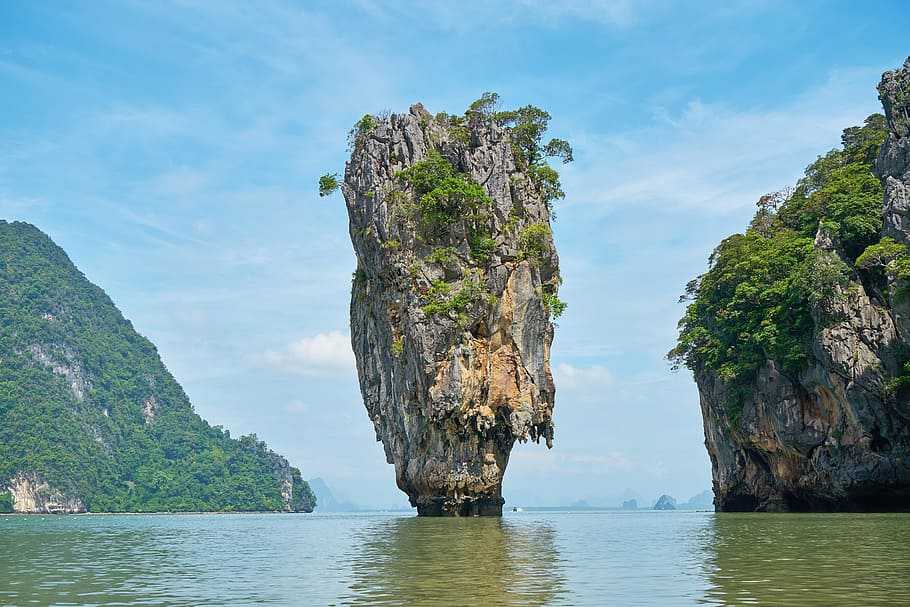 tower island surrounded by water, see, ocean, sky, clouds, blue, HD wallpaper