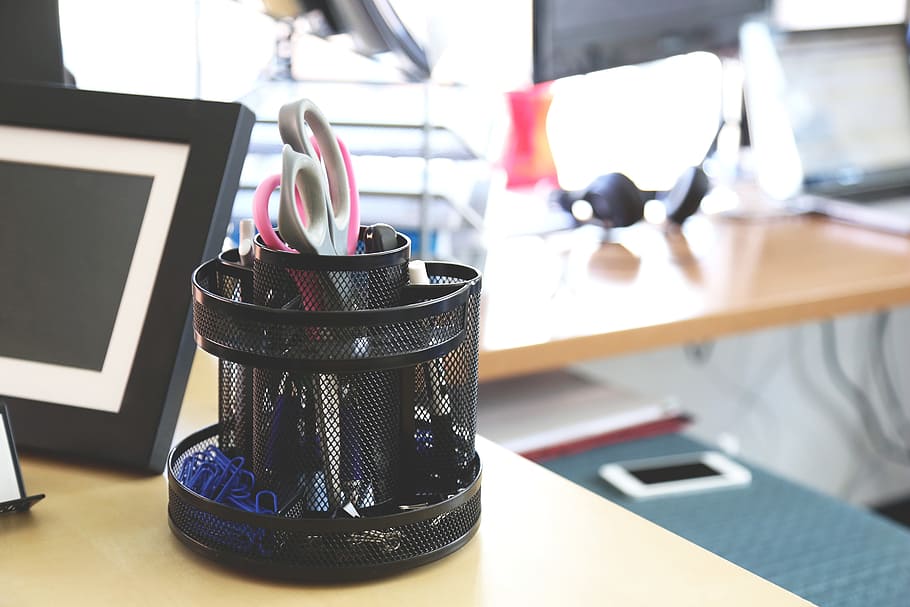 round black pencil organizer on beige desk, startup, start-up HD wallpaper